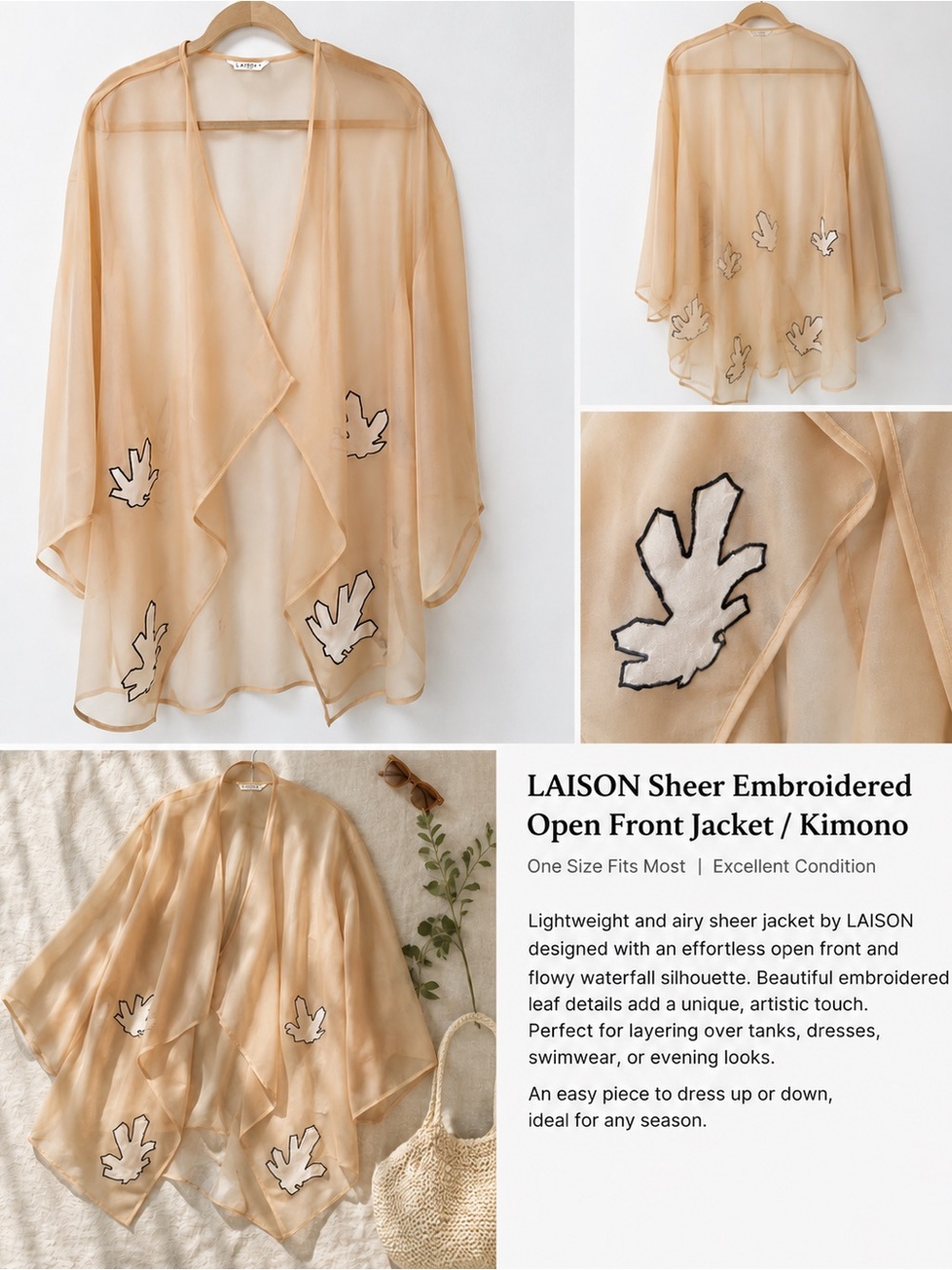 Sheer Embroidered Open Front Kimono Jacket - Beige
